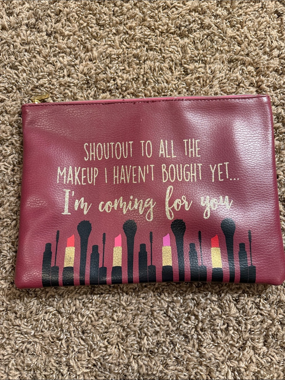 Source Unknown Burgundy Cosmetic Pouch with Gold Lettering and Makeup Graphic